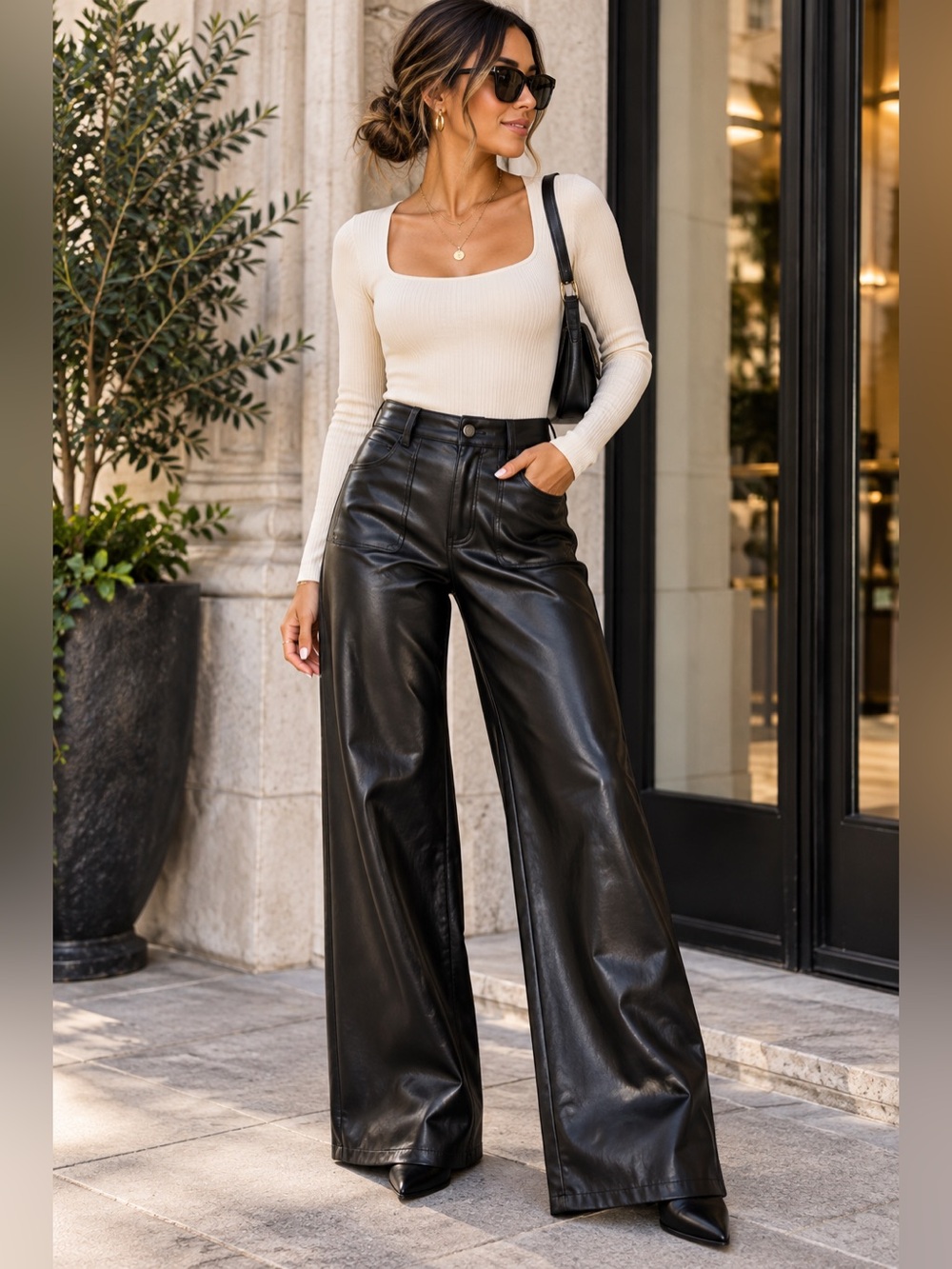 entro Black Wide-Leg Faux Leather Pants